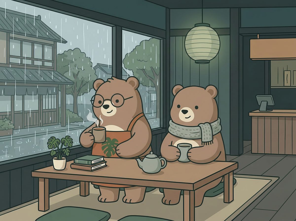 Rainy Window — Moss reads while Sprout holds matcha by a rain-streaked cafe window