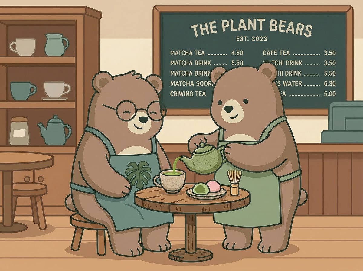 Sharing Matcha — Sprout pours matcha for Moss at a small cafe table