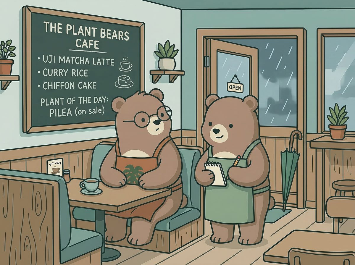 Sprout Takes Orders — Sprout in waiter apron with notepad, Moss at the booth