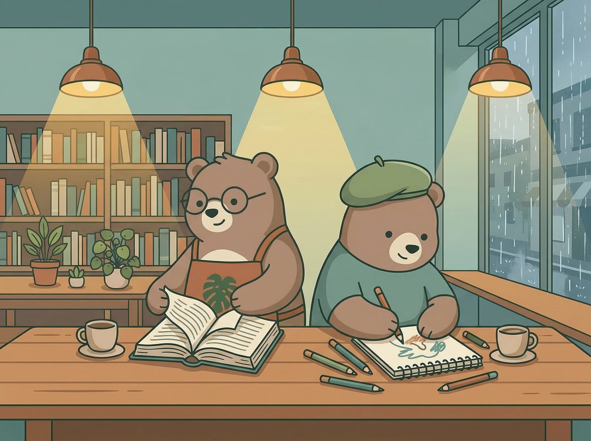 One Reads, One Sketches — Moss with a book and Sprout sketching at a shared table