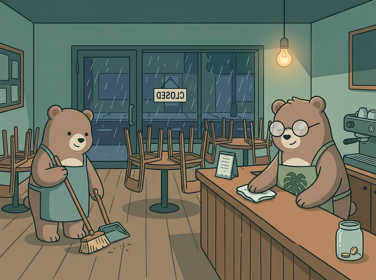 Closing Time — Sprout sweeps and Moss wipes the counter after hours