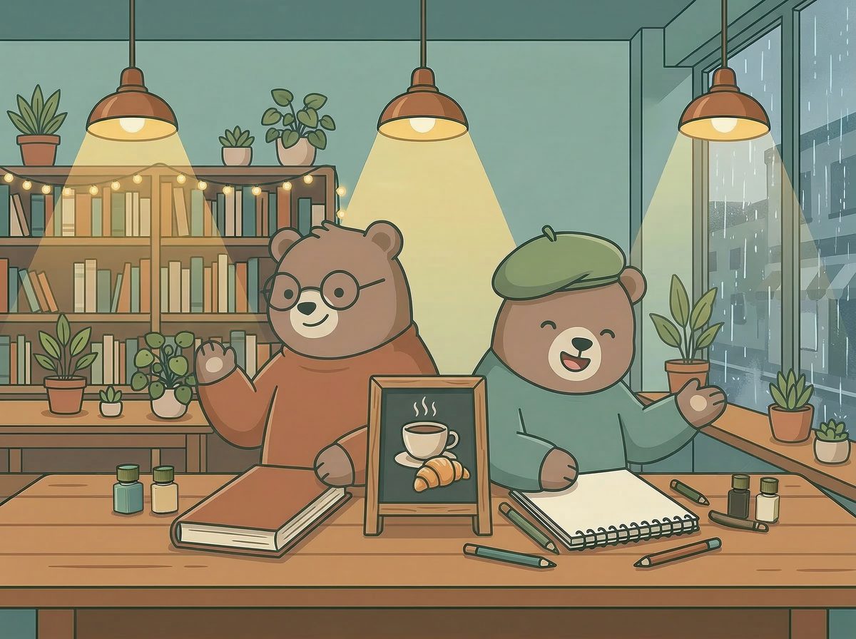 Moss and Sprout welcome you to their cafe on a rainy day